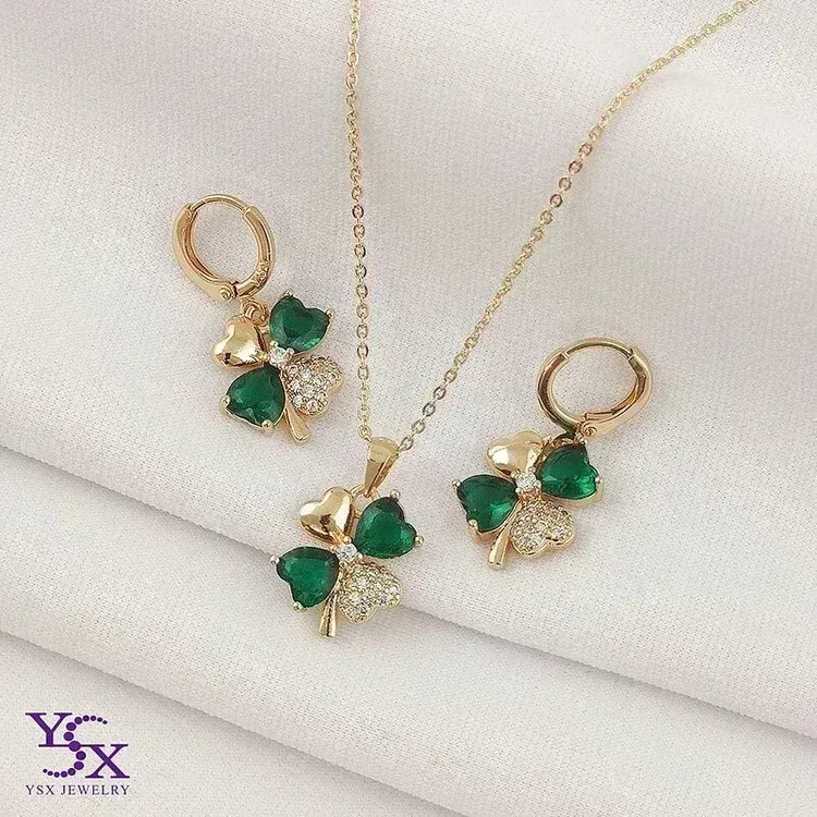 نیمست گوشواره و گردنبند دخترانه طرح شبدر زمردی برند YSX