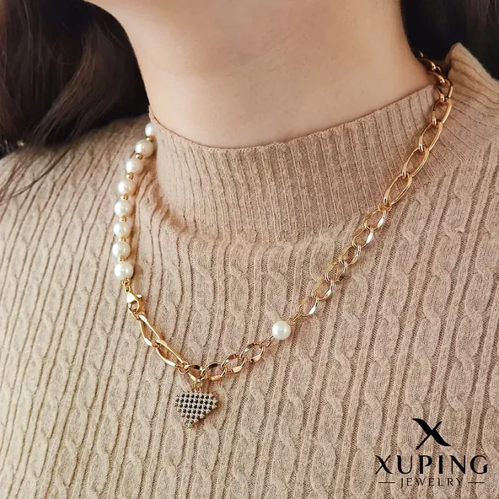 گردنبند مرواریدی ترکیبی ژوپینگ با آویز قلب نگین‌دار