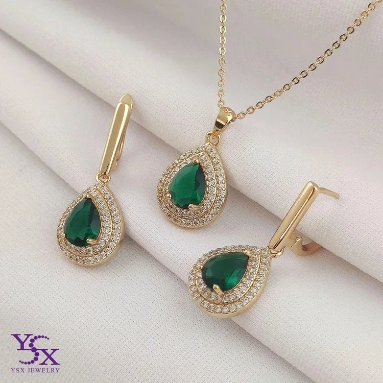نیمست گوشواره و گردنبند زنانه جواهری طرح زمردین برند YSX