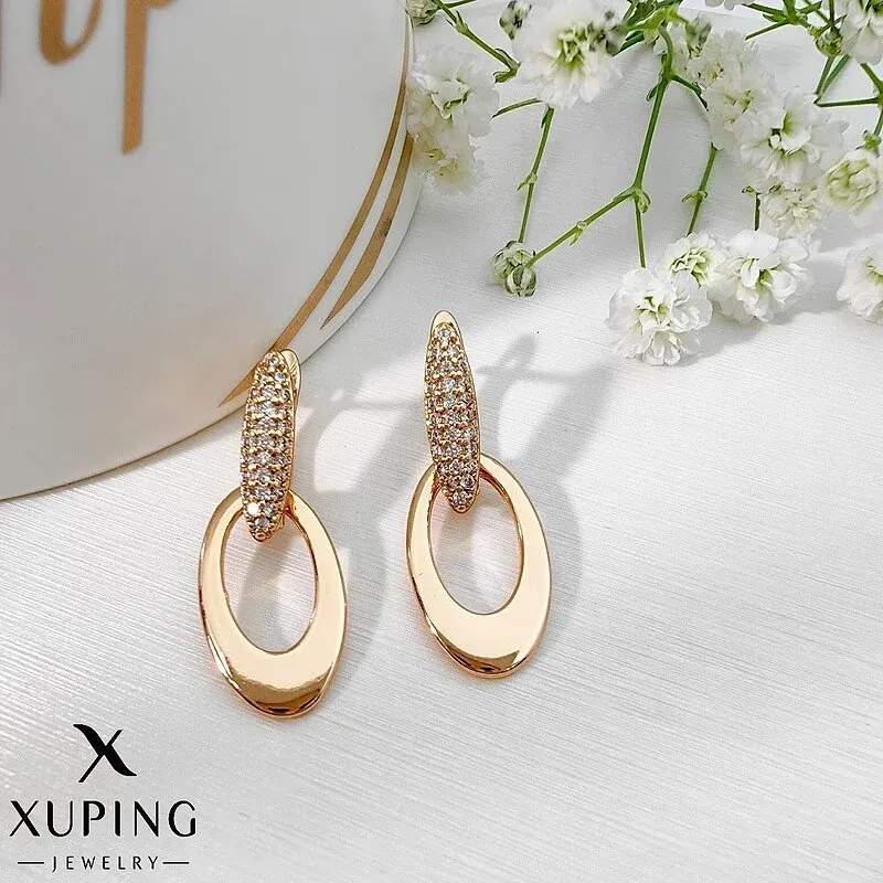 گوشواره آویز نگین‌دار مدل بیضی با روکش طلای ژوپینگ
