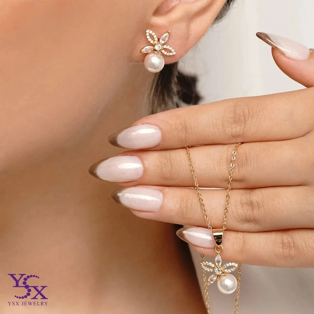 نیمست گوشواره و گردنبند زنانه طرح گلبرگ مروارید برند YSX